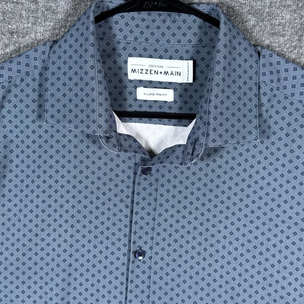 Mizzen+Main Leeward Shirt Men XL Blue Geometric Trim Fit Performance Long Sleeve